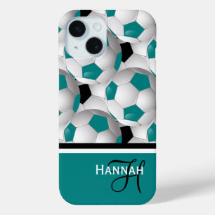 Funda Para iPhone 15 Patrón de bolas de fútbol negro Verde azulado mono