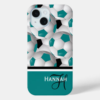 Funda Para iPhone 15 Patrón de bolas de fútbol negro Verde azulado mono