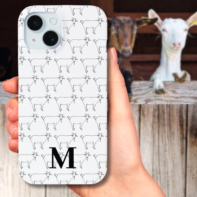 Funda De Case-Mate Para iPhone Patrón de cabra linda negro y blanco (Cute goat drawing pattern black and white custom monogram initial iPhone case funny farm animal art)