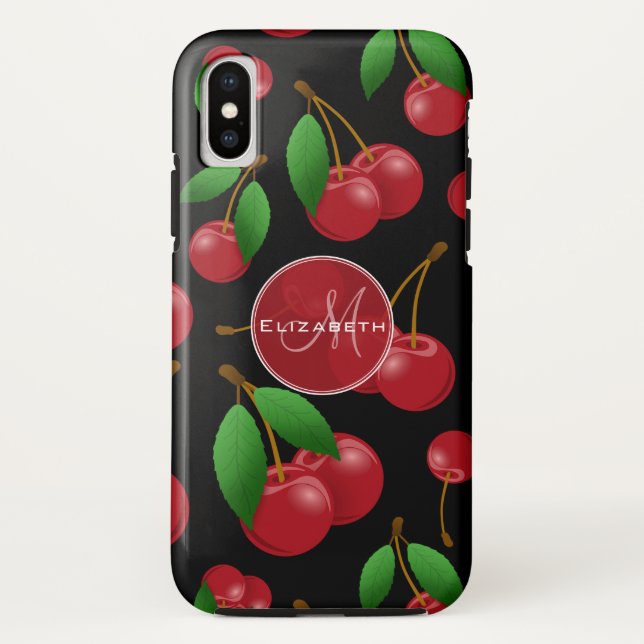Funda De Case-Mate Para iPhone patrón de cerezas rojas dulces monogramado (Reverso)