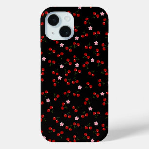 Funda Para iPhone 15 Patrón de Cerezas sobre Fondo Negro