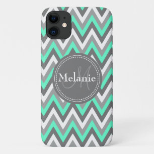 Funda Para iPhone 11 Patrón de cheurón azul y gris monogramado