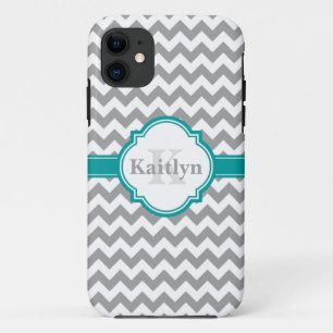 Funda Para iPhone 11 Patrón de cheurón gris verde azulado y hoja de qua