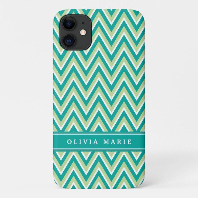 Funda De Case-Mate Para iPhone Patrón de cheurón verde verde azulado con nombre (Reverso)