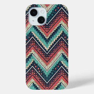 Funda Para iPhone 15 Patrón de Chevron Boho   Verde azulado, Coral y Cr