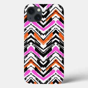 Funda Para iPhone 13 Patrón De Chevron Dibujado A Mano Negra, Naranja 