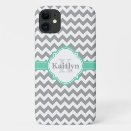 Funda Para iPhone 11 Patrón de Chevron gris de menta y hoja de quatreil