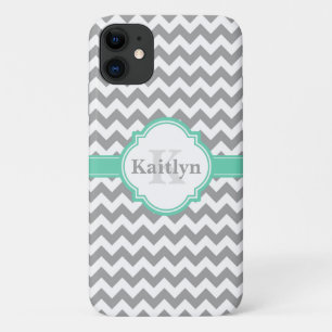 Funda Para iPhone 11 Patrón de Chevron gris de menta y hoja de quatreil