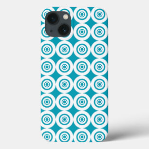 Funda Para iPhone 13 Patrón de Círculos Concéntricos de Aqua y Blanco