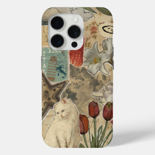 Funda Para iPhone 15 Pro Patrón de Collage Floral de Gato – Diseño Artístic