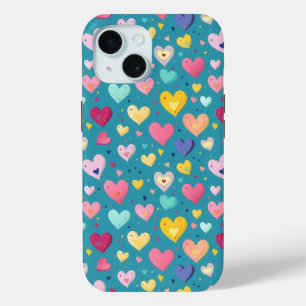Funda Para iPhone 15 Patrón de Corazón Lindo Colorido