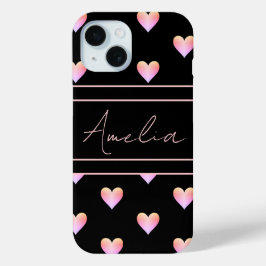 Funda Para iPhone 15 Patrón de corazón moderno Rosa negro personalizado