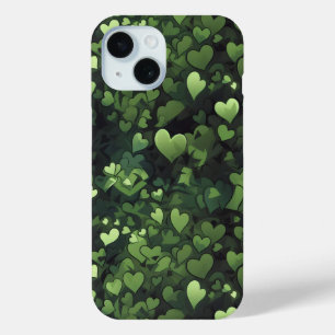 Funda Para iPhone 15 Patrón de corazón verde oscuro