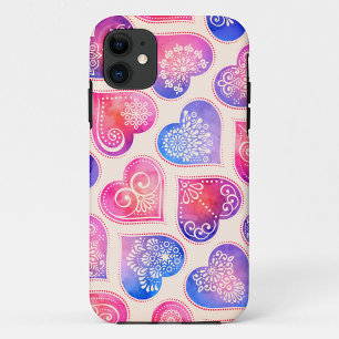Funda Para iPhone 11 Patrón de Corazones de Encaje al Acuarela