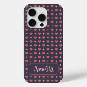 Funda Para iPhone 15 Pro Patrón de Corazones Lindos Texto Personalizado