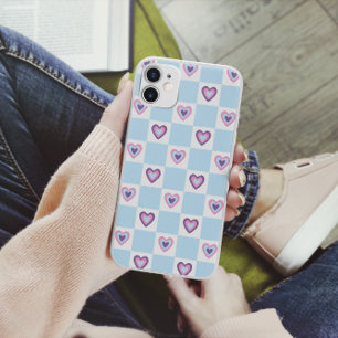 Funda Para iPhone 14 De Case-Mate Patrón de corazones retro a cuadros azul claro