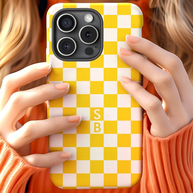 Funda De Case-Mate Para iPhone Patrón de Cuadro Amarillo y Blanco con Monograma (Subido por el creador)