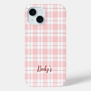 Funda Para iPhone 15 Patrón de Cuadro Rosa con Nombre
