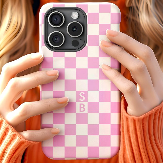 Funda De Case-Mate Para iPhone Patrón de Cuadro Rosa y Blanco con Monograma (Subido por el creador)