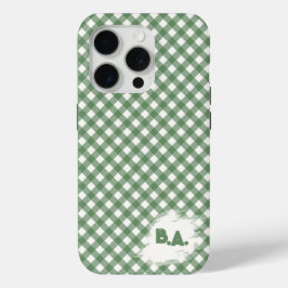 Funda Para iPhone 15 Pro Patrón de cuadros diagonales en verde con iniciale