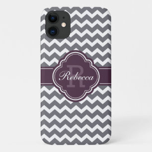 Funda Para iPhone 11 Patrón de Cuatrefoil Morado Monograma Gris Chevron