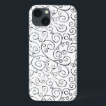 Funda Para iPhone 13 Patrón de curvado negro pintado a mano sobre blanc<br><div class="desc">Las curvas negras pintadas a mano giran,  se encuentran y divergen en este diseño repetido y omnipresente sobre un fondo blanco. Las líneas curvas terminan con diseños de desplazamiento. La imagen decorativa es fluida y delicada. Pintura acuarela,  escaneada. Copyright © 2014 Claire E. Skinner. Todos Los Derechos Reservados.</div>