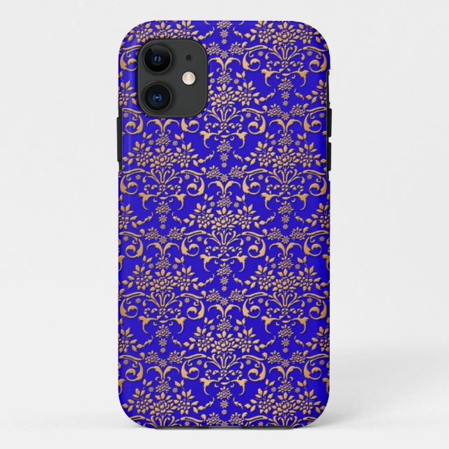 Funda De Case-Mate Para iPhone Patrón de Damasco brillante azul y dorado (Reverso)