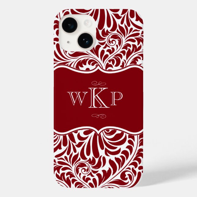 Funda De Case-Mate Para iPhone Patrón de Damasco de Cranberry de monogramas perso (Reverso )