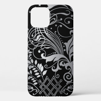Funda Para iPhone 12 Patrón de Damasco de Giro Gris sobre negro