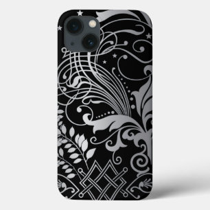 Funda Para iPhone 13 Patrón de Damasco de Giro Gris sobre negro