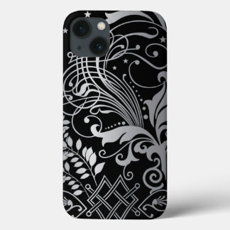 Funda Para iPhone 13 Patrón de Damasco de Giro Gris sobre negro