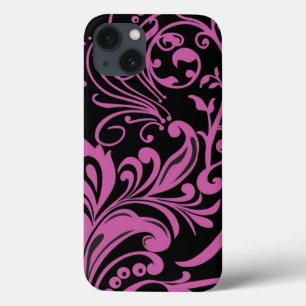 Funda Para iPhone 13 Patrón de Damasco de remolino rosado en negro