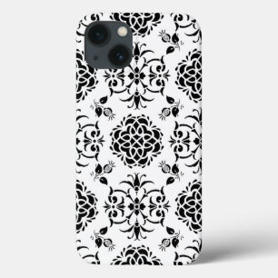 Funda Para iPhone 13 Patrón de damasco estilo vintage en blanco y negro