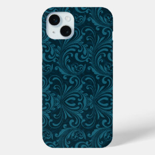 Funda Para iPhone 15 Mini Patrón de damasco floral azul verdoso oscuro