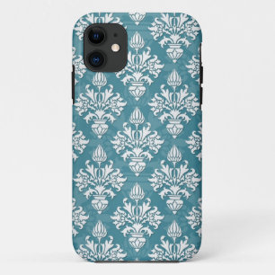 Funda Para iPhone 11 Patrón de Damasco Floral Turquesa y Blanco