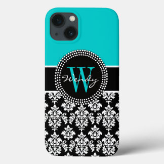 title_seo2 Patrón de Damasco Negro Aqua inicial personalizado