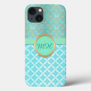 Funda Para iPhone 13 Patrón de damasco personalizado de turquesa y oro