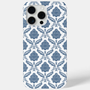 Funda Para iPhone 15 Pro Max Patrón de Damasco Rococó Azul sobre Blanco