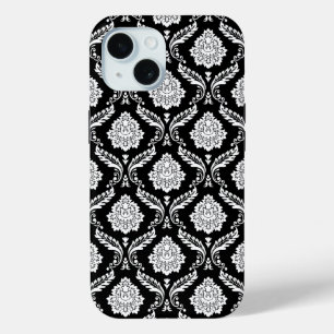 Funda Para iPhone 15 Patrón de Damasco Rococó Blanco sobre Negro