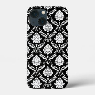Funda Para iPhone 13 Mini Patrón de Damasco Rococó Blanco sobre Negro