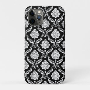 Funda Para iPhone 11 Pro Patrón de Damasco Rococó Blanco sobre Negro