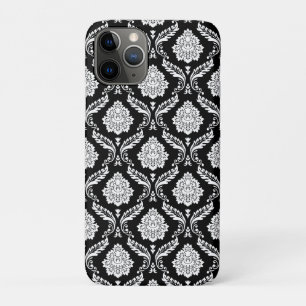 Funda Para iPhone 11 Pro Patrón de Damasco Rococó Blanco sobre Negro