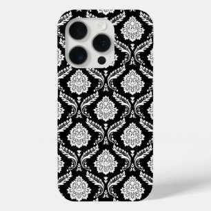 Funda Para iPhone 15 Pro Patrón de Damasco Rococó Blanco sobre Negro
