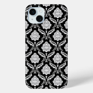 Funda Para iPhone 15 Mini Patrón de Damasco Rococó Blanco sobre Negro