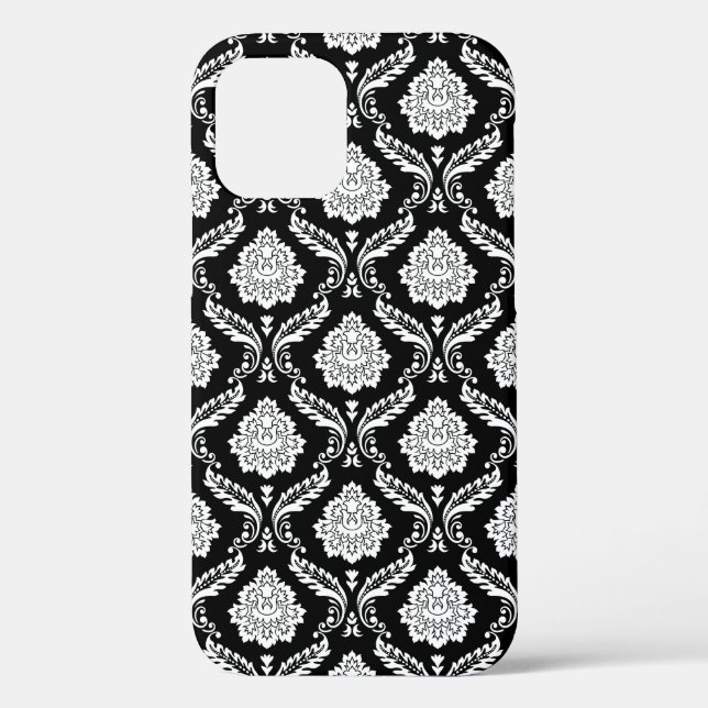 Funda De Case-Mate Para iPhone Patrón de damasco rococó blanco sobre negro  (Reverso )