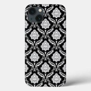 Funda Para iPhone 13 Patrón de Damasco Rococó Blanco sobre Negro