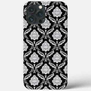 Funda Para iPhone 13 Pro Max Patrón de Damasco Rococó Blanco sobre Negro