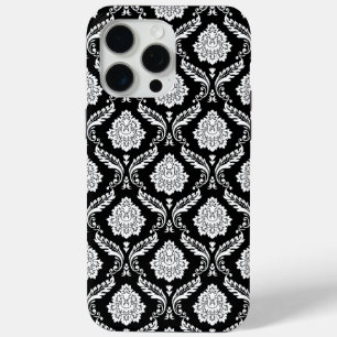 Funda Para iPhone 15 Pro Max Patrón de Damasco Rococó Blanco sobre Negro