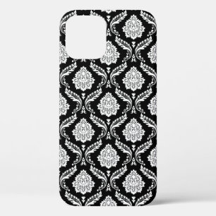 Funda Para iPhone 12 Pro Patrón de Damasco Rococó Blanco sobre Negro
