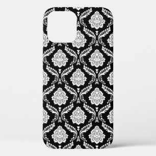 Funda Para iPhone 12 Patrón de Damasco Rococó Blanco sobre Negro
